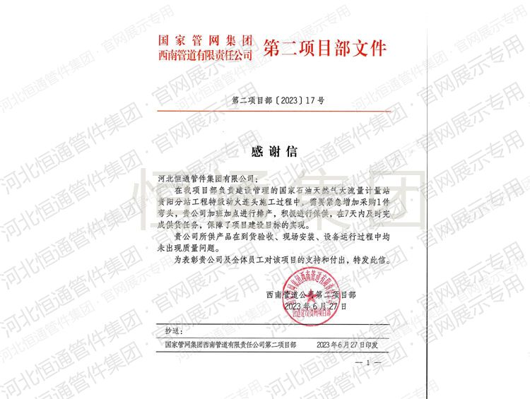 Letter of Appreciation — Dingnan Pipeline Co. No.2 Project Dept. (2023)
